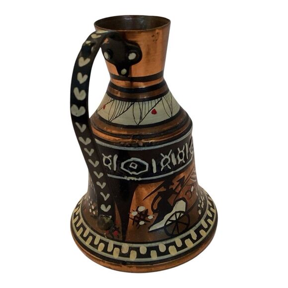 Vintage Handmade Greek Copper Geometric Motif Pitcher Decor - Picture 5 of 5